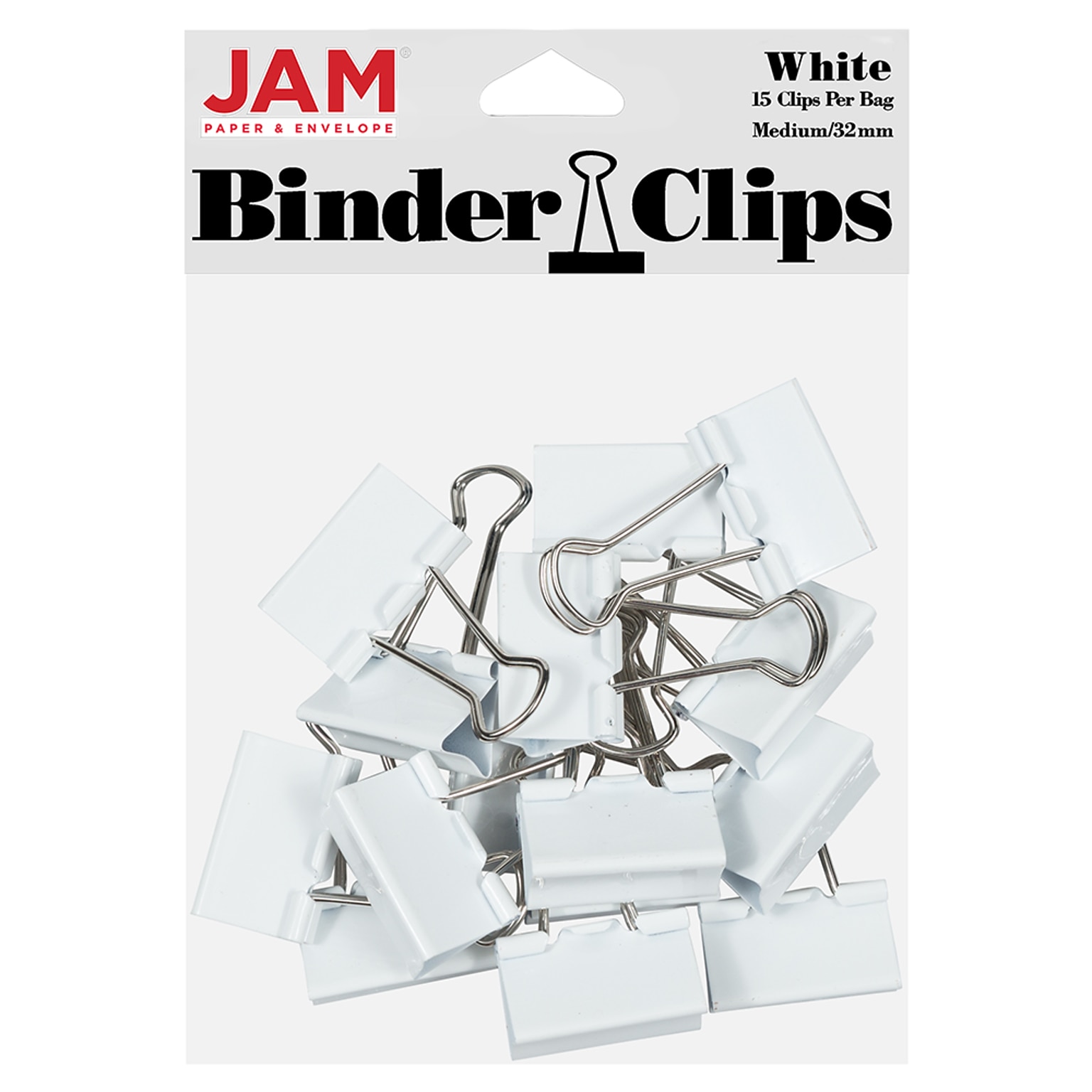 JAM Paper Colorful Binder Clips, Medium,  5/8 Capacity, White, 15/Pack (339BCWH)