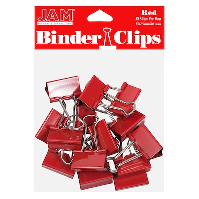 JAM Paper Colored Binder Clips, Medium,  5/8 Capacity, Red, 15/Pack (339BCRE)