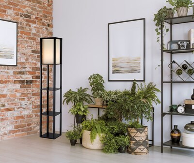 Adesso® Titan 72"H Black Shelf Floor Lamp with Off-White Fabric Shade (3193-01)