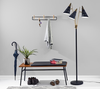 Adesso® Nadine 66"H Matte Black and Antique Brass 3-Arm Floor Lamp with Matte Black Cone Shades (3249-01)