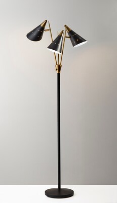 Adesso® Nadine 66"H Matte Black and Antique Brass 3-Arm Floor Lamp with Matte Black Cone Shades (3249-01)