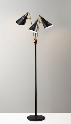 Adesso® Nadine 66"H Matte Black and Antique Brass 3-Arm Floor Lamp with Matte Black Cone Shades (3249-01)