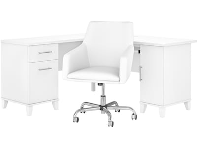 Bush Furniture Somerset 60W L Shaped Desk with Mid Back Leather Box Chair, White (SET022WH)