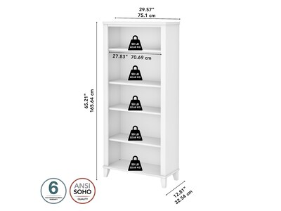 Bush Furniture Somerset 65"H 5-Shelf Bookcase with Adjustable Shelves, White Laminate (WC81965)