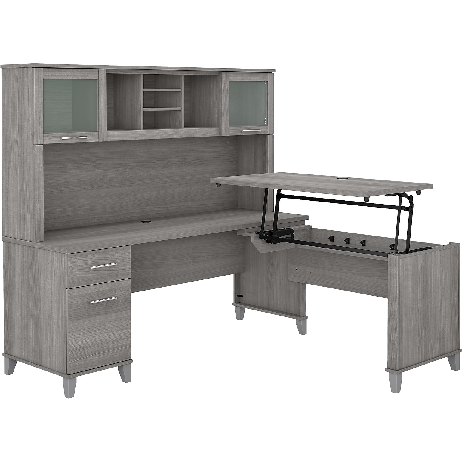 Bush Furniture Somerset 72W 3 Position Sit to Stand L Shaped Desk with Hutch, Platinum Gray (SET015PG)