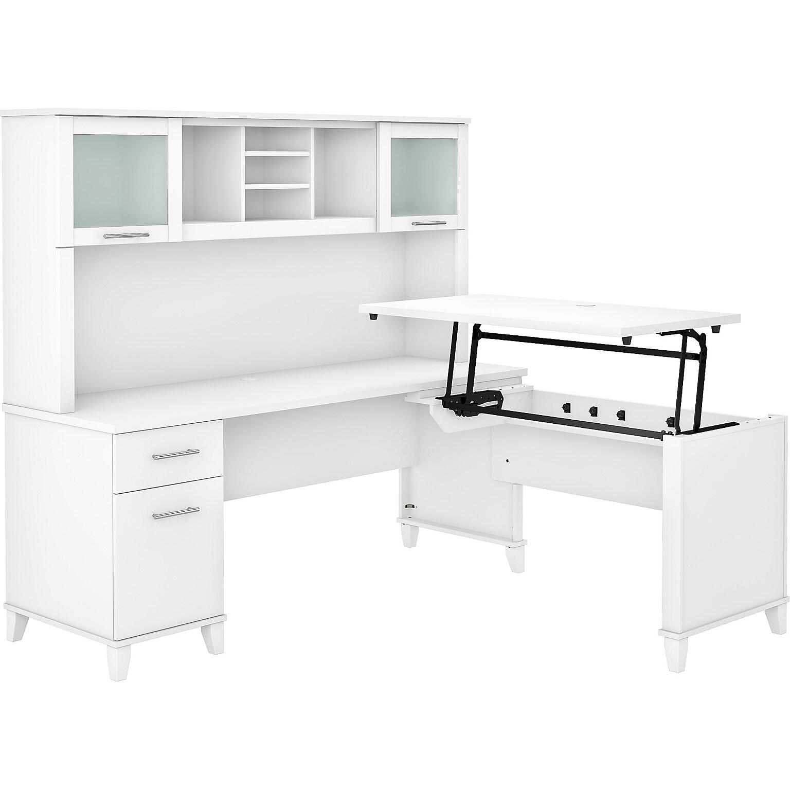 Bush Furniture Somerset 72W 3 Position Sit to Stand L Shaped Desk with Hutch, White (SET015WH)