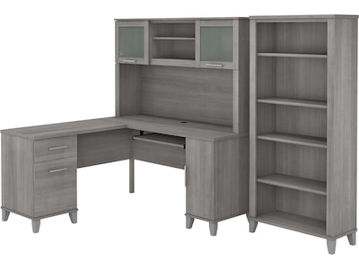 Bush Furniture Somerset 60W L-Shaped Desk with Hutch and 5-Shelf Bookcase, Platinum Gray (SET010PG)