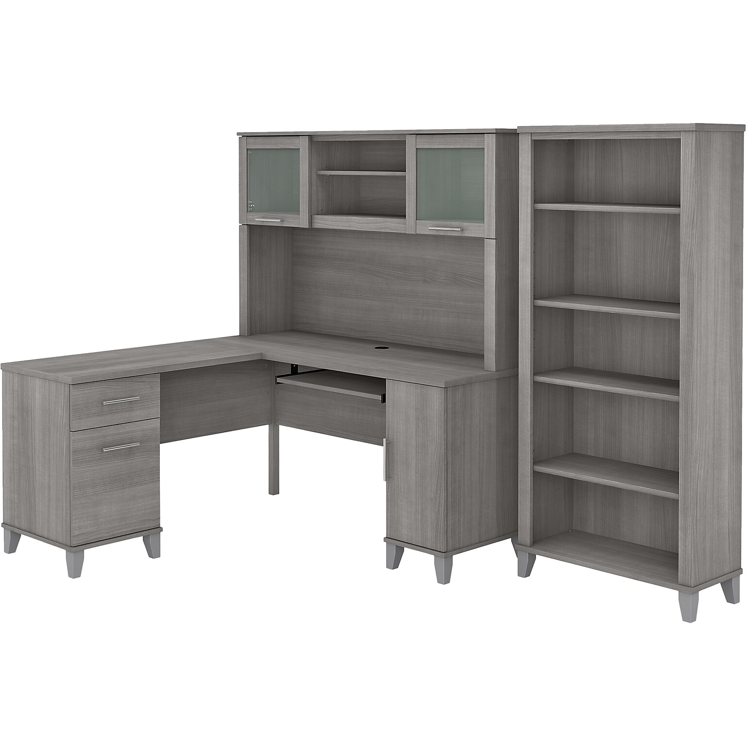 Bush Furniture Somerset 60W L-Shaped Desk with Hutch and 5-Shelf Bookcase, Platinum Gray (SET010PG)