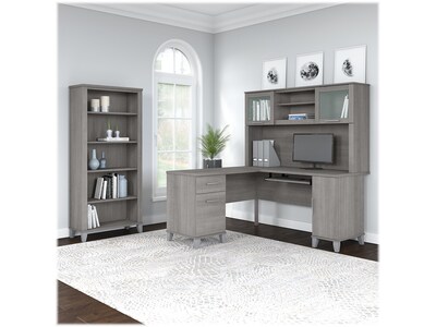 Bush Furniture Somerset 60"W L-Shaped Desk with Hutch and 5-Shelf Bookcase, Platinum Gray (SET010PG)