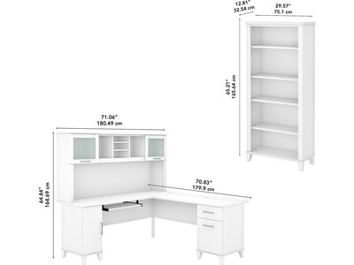 Bush Furniture Somerset 72"W L Shaped Desk with Hutch and 5 Shelf Bookcase, White (SET011WH)