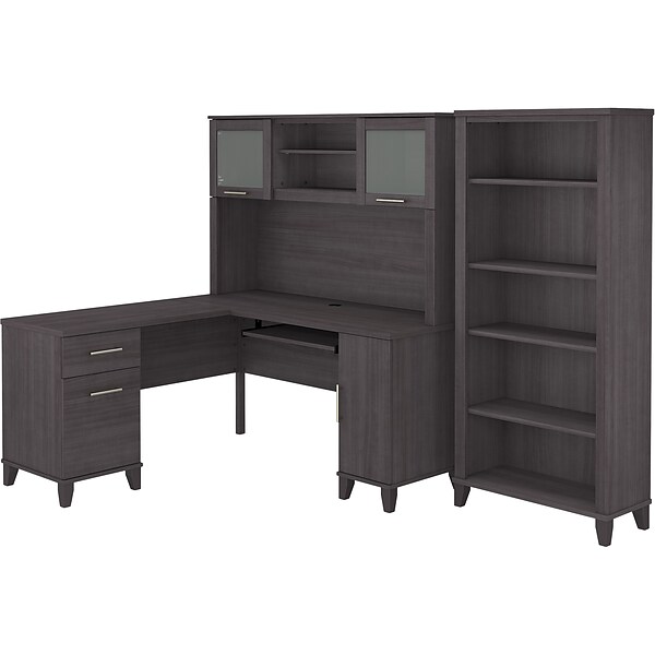Bush Furniture Somerset 60 L-Shaped Desk with Hutch and 5-Shelf Bookcase, Storm Gray (SET010SG)