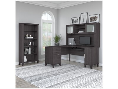 Bush Furniture Somerset 60"W L Shaped Desk with Hutch and 5 Shelf Bookcase, Storm Gray (SET010SG)