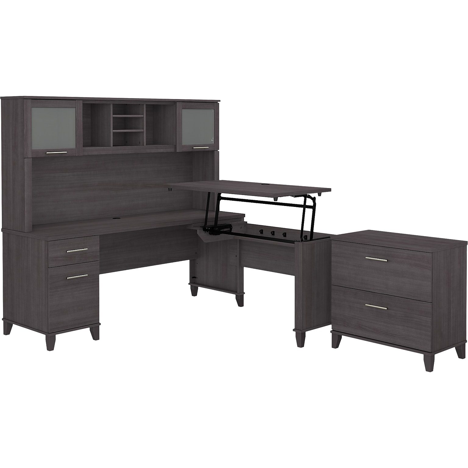 Bush Furniture Somerset 72W 3 Position Sit to Stand L Shaped Desk with Hutch and File Cabinet, Storm Gray (SET016SG)