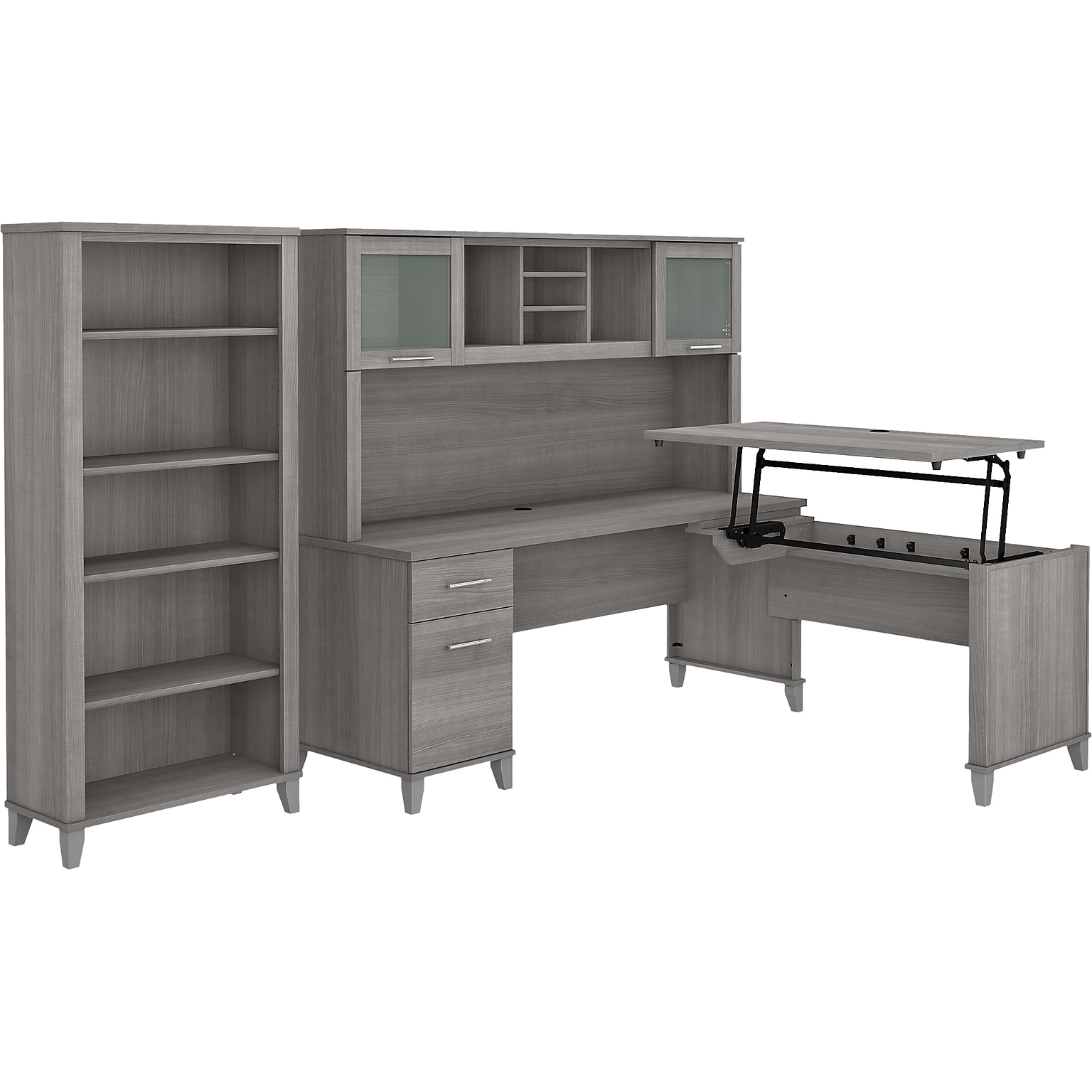 Bush Furniture Somerset 72W 3 Position Sit to Stand L Shaped Desk with Hutch and Bookcase, Platinum Gray (SET017PG)