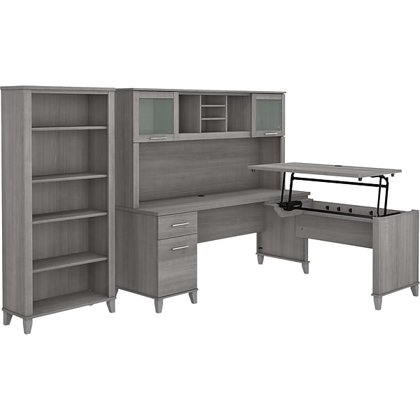 Bush Furniture Somerset 72W 3-Position Sit to Stand L-Shaped Desk with Hutch and Bookcase, Platinum Gray (SET017PG)