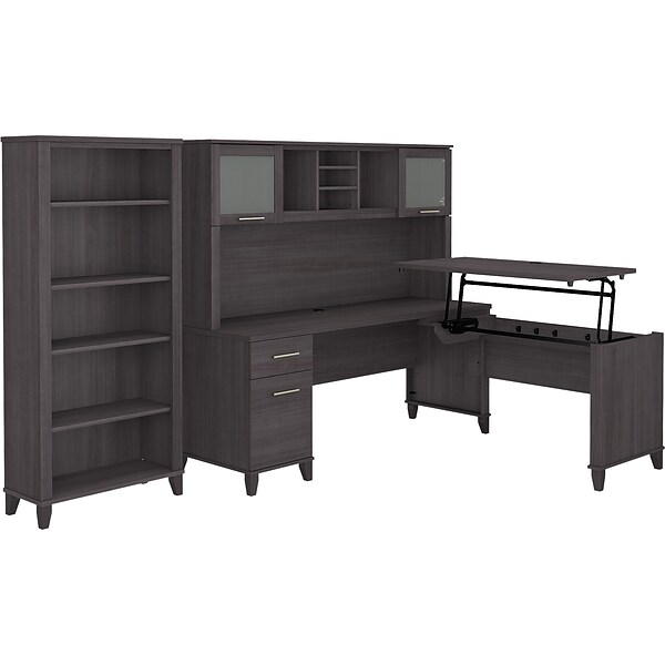 Bush Furniture Somerset 72W 3 Position Sit to Stand L Shaped Desk with Hutch and Bookcase, Storm Gray (SET017SG)