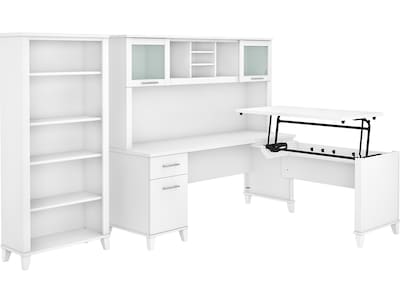 Bush Furniture Somerset 72W 3 Position Sit to Stand L Shaped Desk with Hutch and Bookcase, White (S