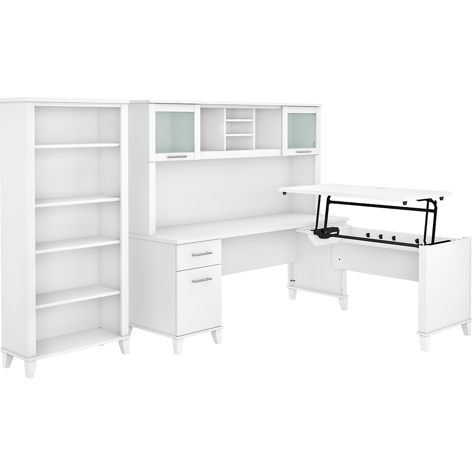 Bush Furniture Somerset 72W 3 Position Sit to Stand L Shaped Desk with Hutch and Bookcase, White (SET017WH)