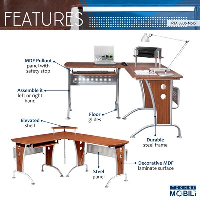 Techni Mobili Deluxe 57"W L-Shaped Desk, Mahogany (RTA-3806-M615)