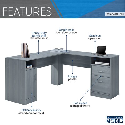 Techni Mobili 60" MDF L-Shaped Desk, Gray (RTA-8412L-GRY)