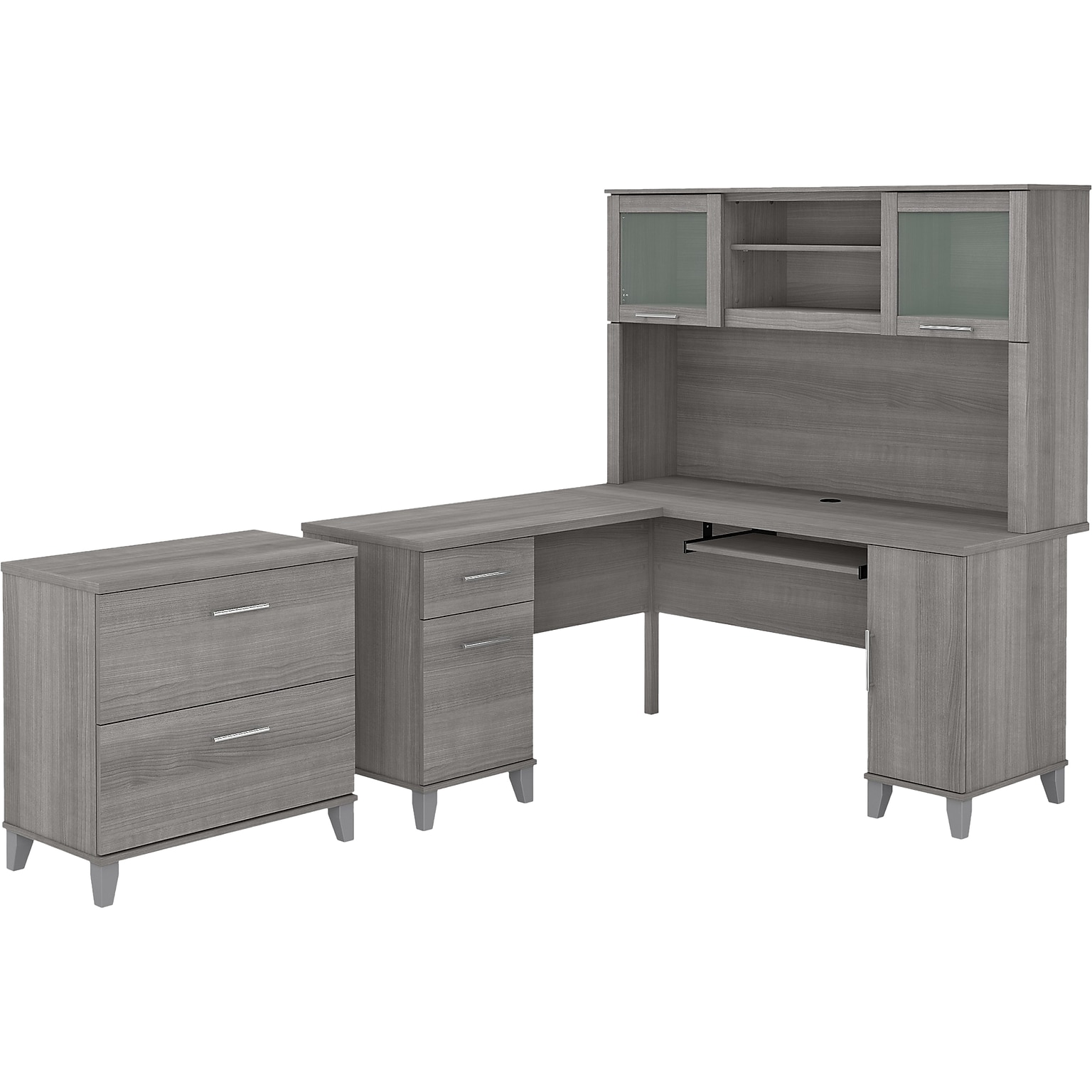 Bush Furniture Somerset 60W L-Shaped Desk with Hutch and Lateral File Cabinet, Platinum Gray (SET008PG)