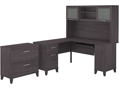 Bush Furniture Somerset 60W L-Shaped Desk with Hutch and Lateral File Cabinet, Storm Gray (SET008SG