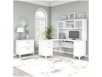 Bush Furniture Somerset 60W L-Shaped Desk with Hutch and Lateral File Cabinet, White (SET008WH)