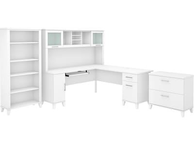 Bush Furniture Somerset 72W L-Shaped Desk with Hutch, Lateral File Cabinet and Bookcase, White (SET