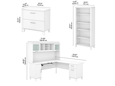Bush Furniture Somerset 72"W L-Shaped Desk with Hutch, Lateral File Cabinet and Bookcase, White (SET012WH)