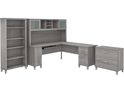 Bush Furniture Somerset 72W L-Shaped Desk with Hutch, Lateral File Cabinet and Bookcase, Platinum G