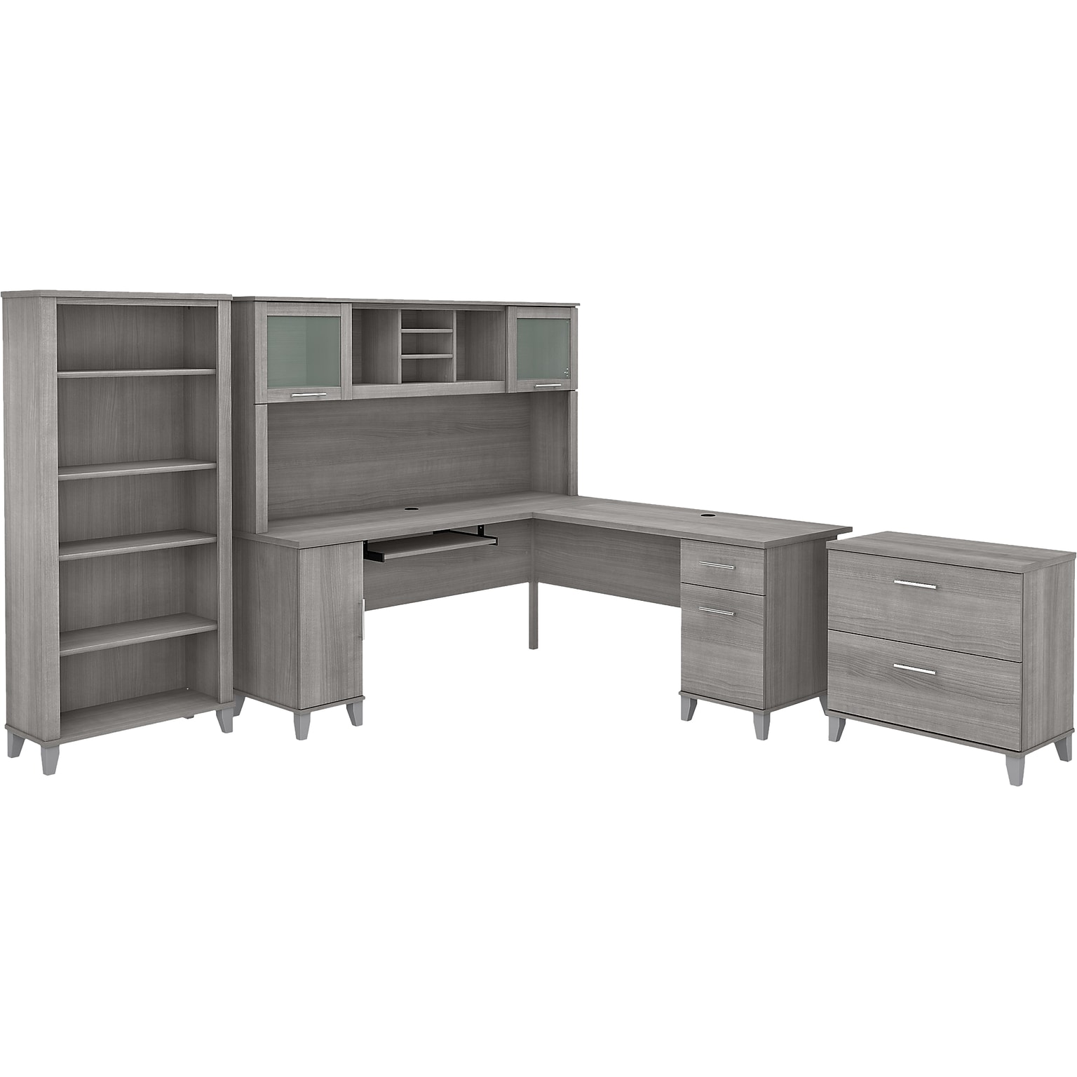 Bush Furniture Somerset 72W L-Shaped Desk with Hutch, Lateral File Cabinet and Bookcase, Platinum Gray (SET012PG)