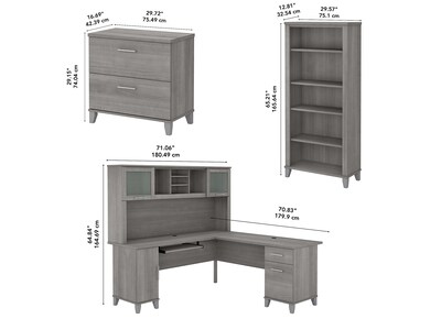 Bush Furniture Somerset 72"W L-Shaped Desk with Hutch, Lateral File Cabinet and Bookcase, Platinum Gray (SET012PG)