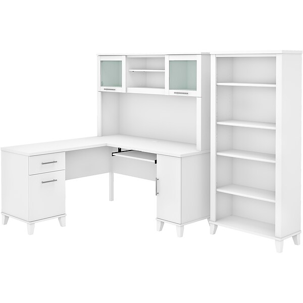 Bush Furniture Somerset 60W L-Shaped Desk with Hutch and 5-Shelf Bookcase, White (SET010WH)