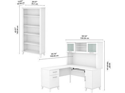 Bush Furniture Somerset 60"W L Shaped Desk with Hutch and 5 Shelf Bookcase, White (SET010WH)