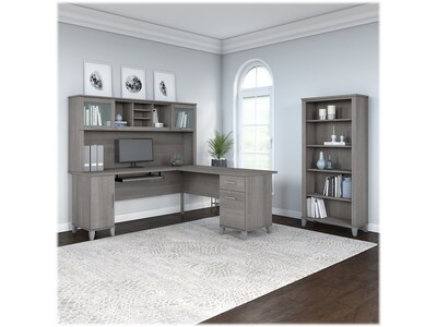 Bush Furniture Somerset 72"W L-Shaped Desk with Hutch and 5-Shelf Bookcase, Platinum Gray (SET011PG)