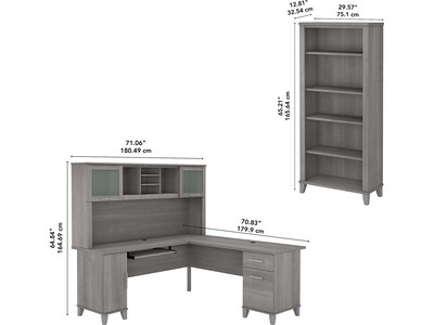 Bush Furniture Somerset 72"W L-Shaped Desk with Hutch and 5-Shelf Bookcase, Platinum Gray (SET011PG)