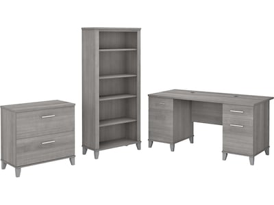 Bush Furniture Somerset 60W Office Desk with Lateral File Cabinet and 5 Shelf Bookcase, Platinum Gr