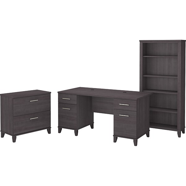 Bush Furniture Somerset 60W Office Desk with Lateral File Cabinet and 5-Shelf Bookcase, Storm Gray (SET013SG)