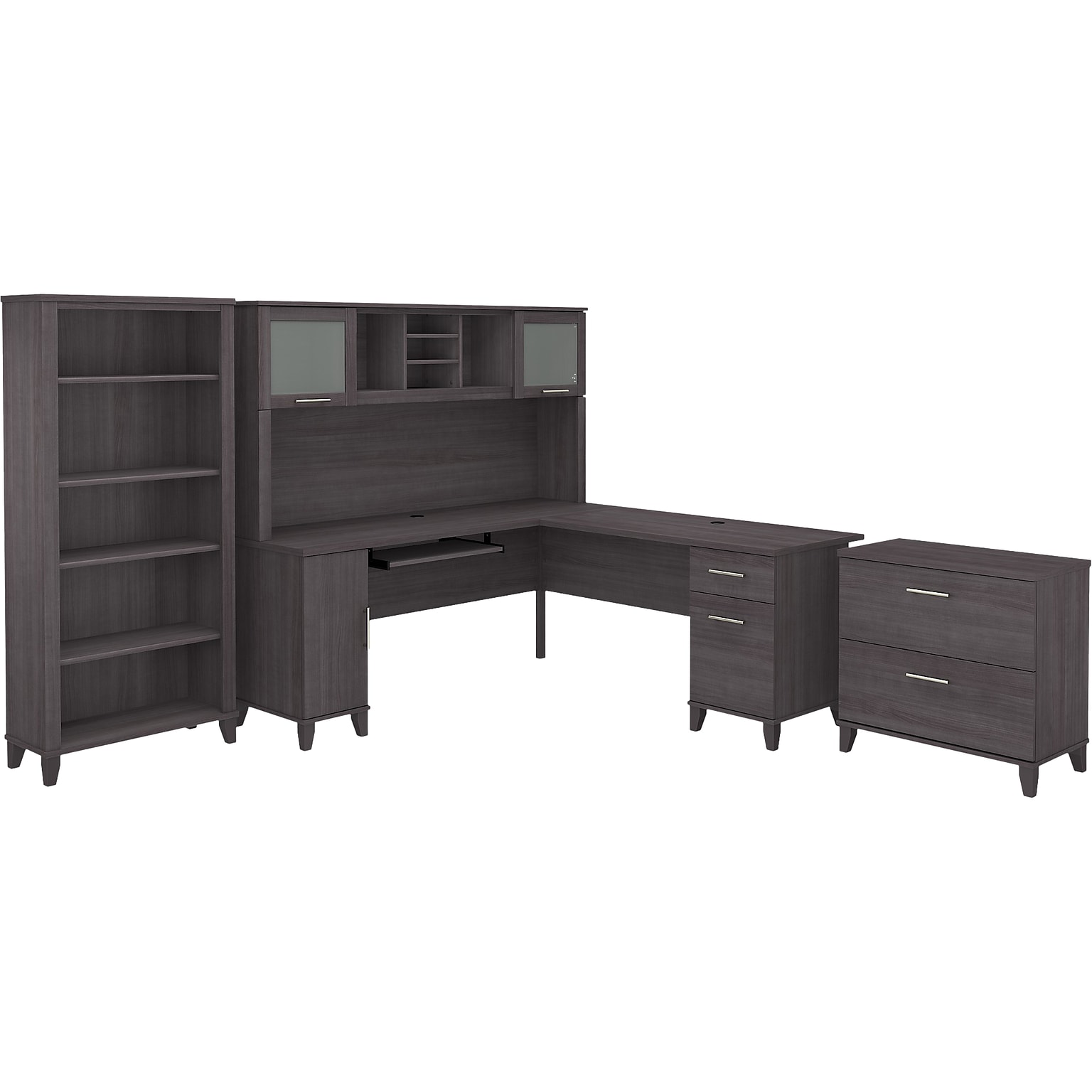 Bush Furniture Somerset 72W L-Shaped Desk with Hutch, Lateral File Cabinet and Bookcase, Storm Gray (SET012SG)