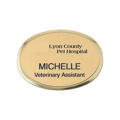 Custom Engraved Gold Metallic Badge, 2 x 2-1/2 Oval