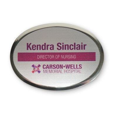 Custom Silver Metallic Full Color Name Badge, 2 x 2-3/4 Oval