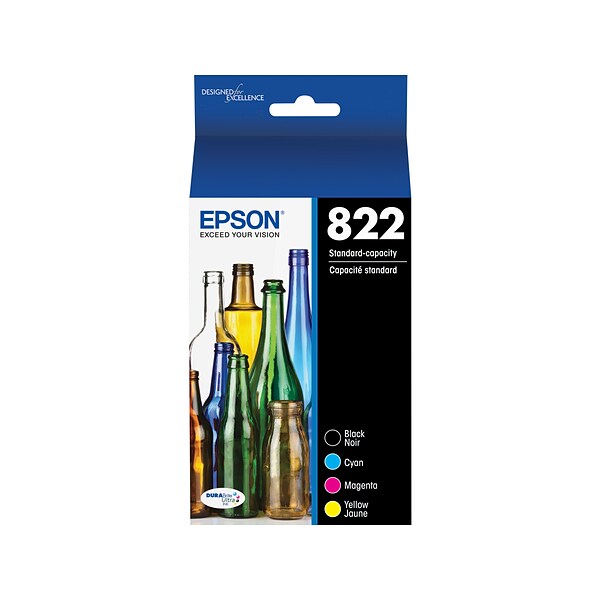 Epson T822 Black/Cyan/Magenta/Yellow Standard Yield Ink Cartridge, 4/Pack (T822120XL-BCS)