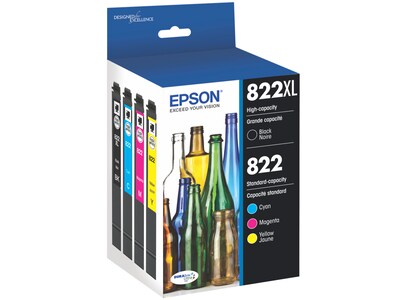 Epson T822XL/T822 Black High Yield and Cyan/Magenta/Yellow Standard Yield Ink Cartridges, 4/Pack (T822XL-BCS)