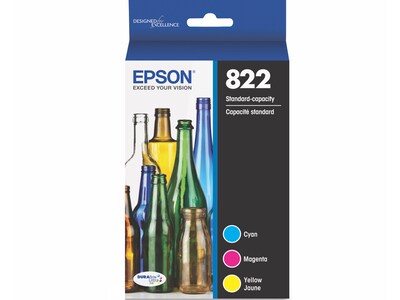 Epson T822 Cyan/Magenta/Yellow Standard Yield Ink Cartridge, 3/Pack