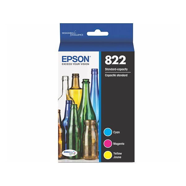 Epson T822 Cyan/Magenta/Yellow Standard Yield Ink Cartridge, 3/Pack