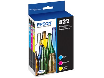 Epson T822 Cyan/Magenta/Yellow Standard Yield Ink Cartridge, 3/Pack
