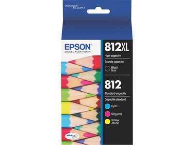 Epson T812XL/T812 Black High Yield and Cyan/Magenta/Yellow Standard Yield Ink Cartridges, 4/Pack (T8