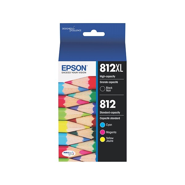 Epson T812XL/T812 Black High Yield and Cyan/Magenta/Yellow Standard Yield Ink Cartridges, 4/Pack (T812XL-BCS)