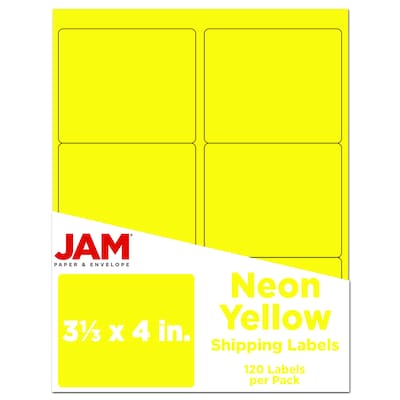 JAM Paper Shipping Label, 3 1/3" x 4", Neon Yellow, 6 Labels/Sheet, 20 Sheets/Pack (354328049)