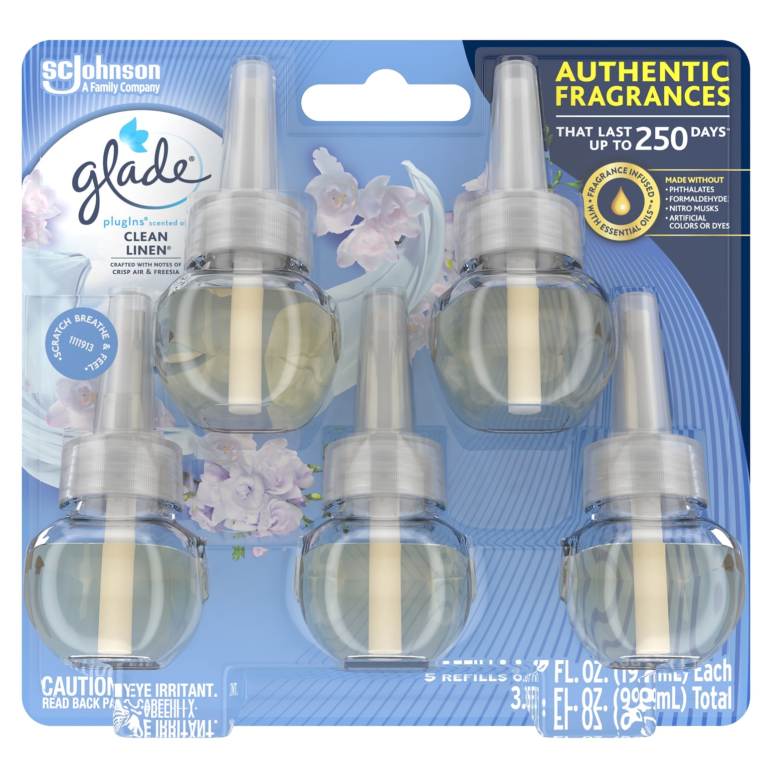 Glade PlugIns Scented Oil Refill, Clean Linen, 0.67 Oz., 5/Pack (315182)